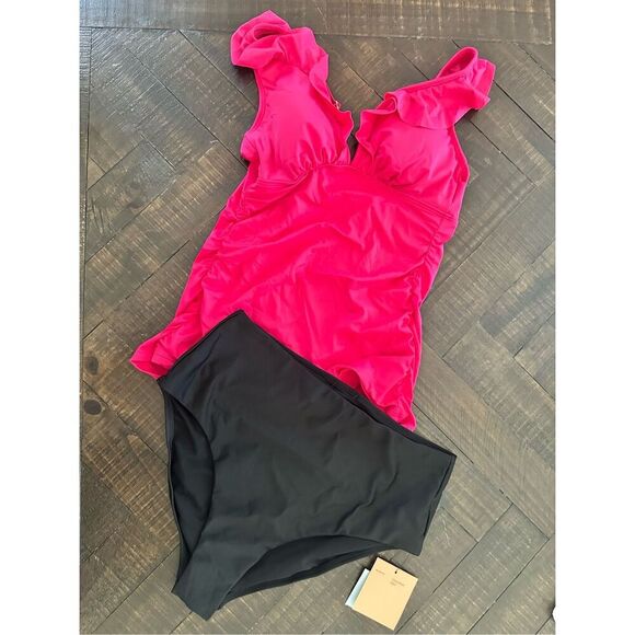 Shade & Shore Pink Ruffle Tankini Top and Black High Waisted Bottom Medium - Picture 2 of 6